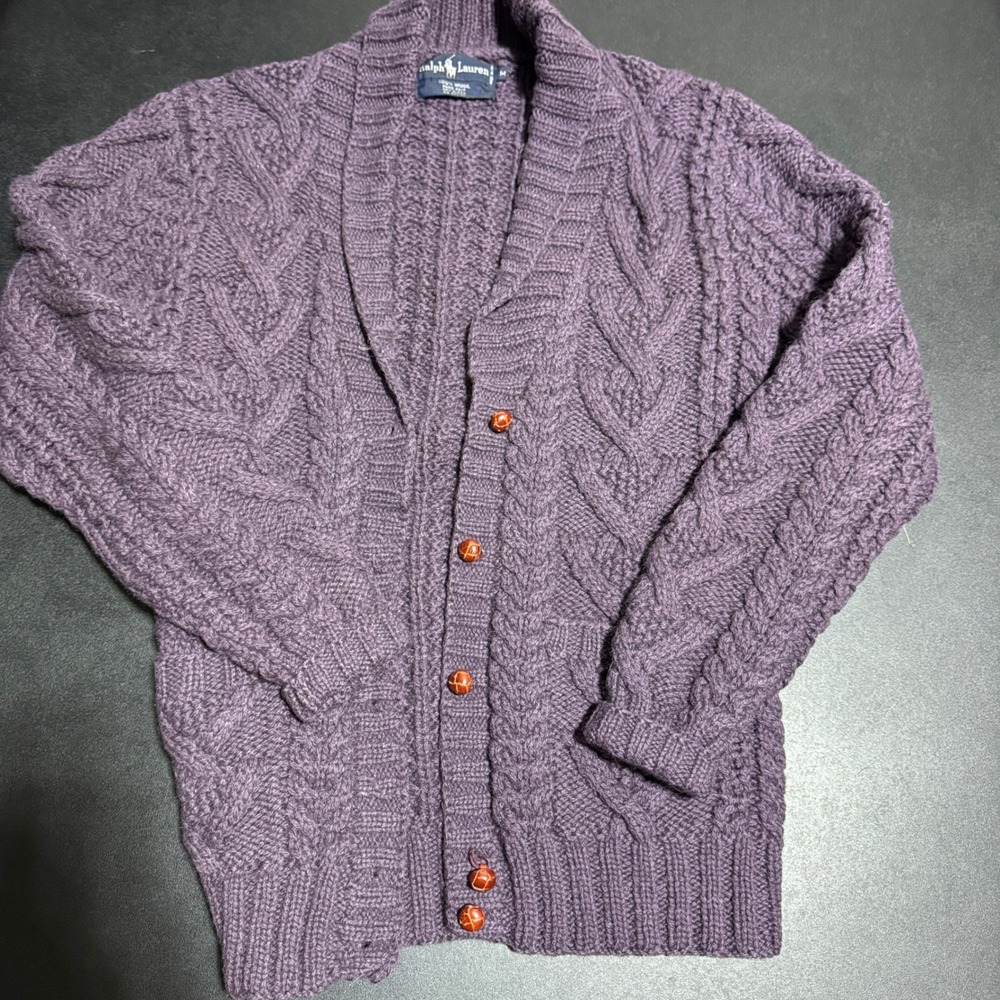 Ralph Lauren Cardigan Sweater Womens Medium Purple Cable Hand Knit Wool Vintage